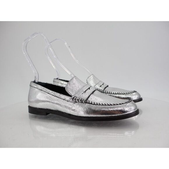Free People Blanket Stitch Loafer Women's 9 Silver Metallic Leather Slip On Shoe - Picture 1 of 15